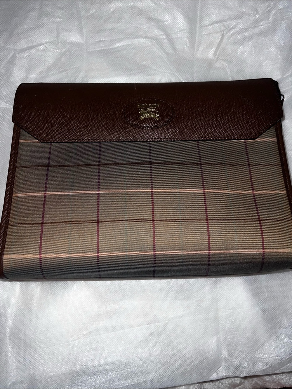 Burberry Brown Plaid Leather-Trim pouch